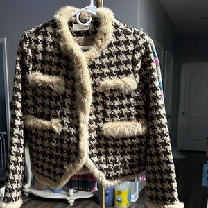 Luoluozi Houndstooth Jacket with Faux Fur Trim